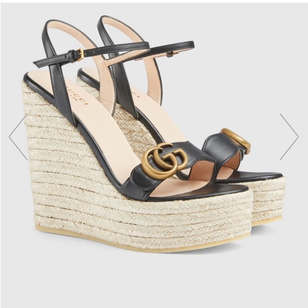 Gucci  Double G Marmont Black Wedge Sandals
